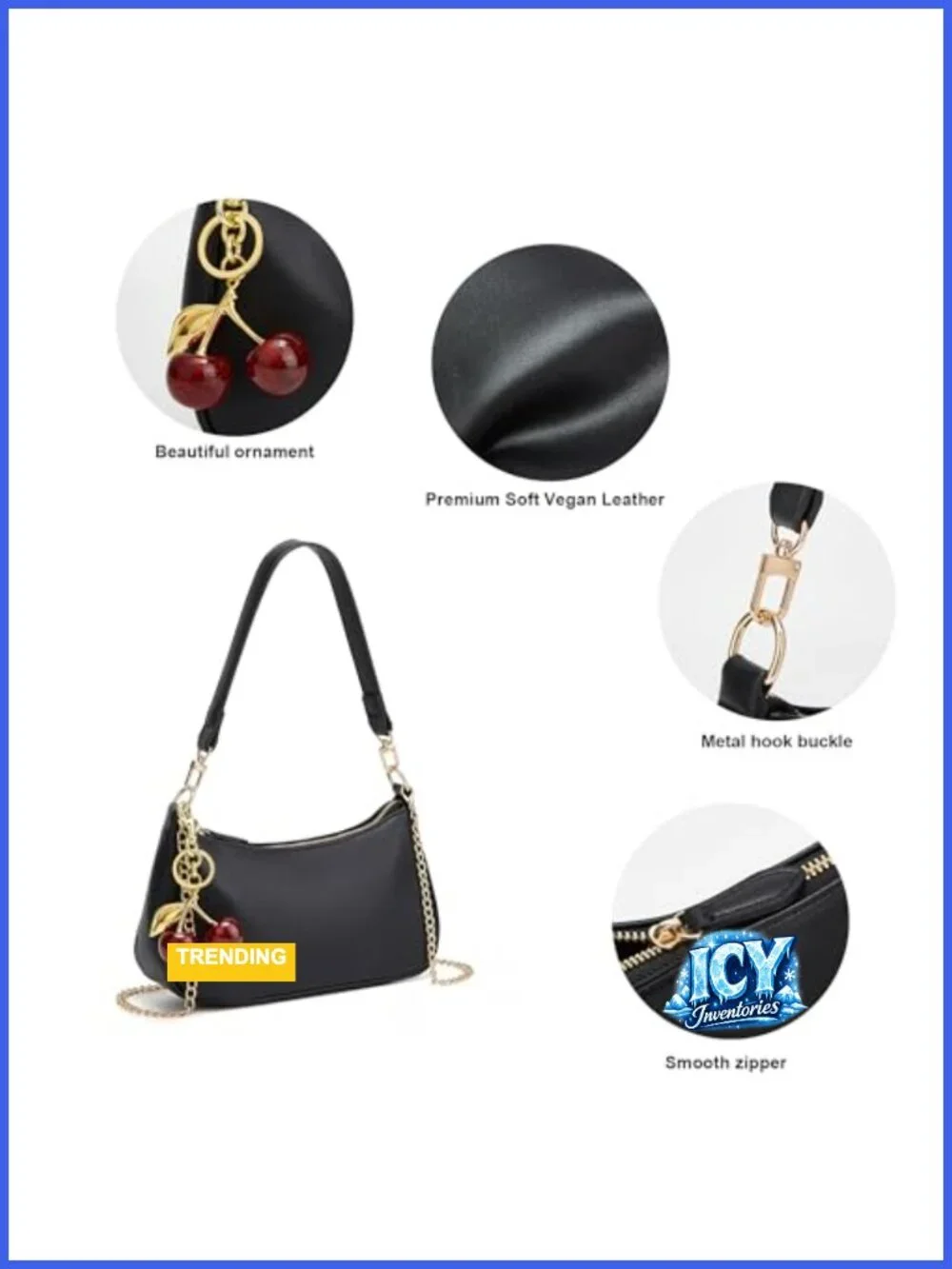 Vintage PU Leather Hobo Shoulder Bag with Cherry Charm, Removable Straps, Mini